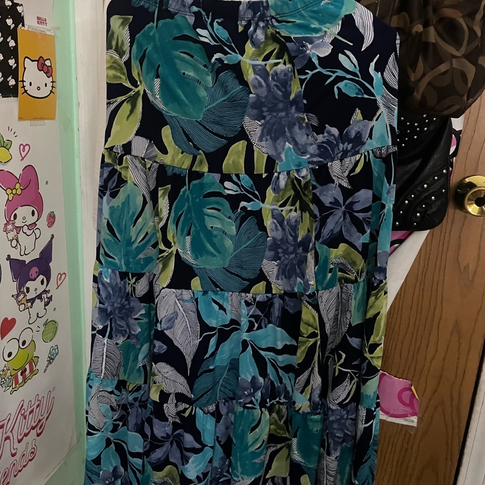 Espresso Navy Maxi Skirt with Teal and Olive Leaf Print
